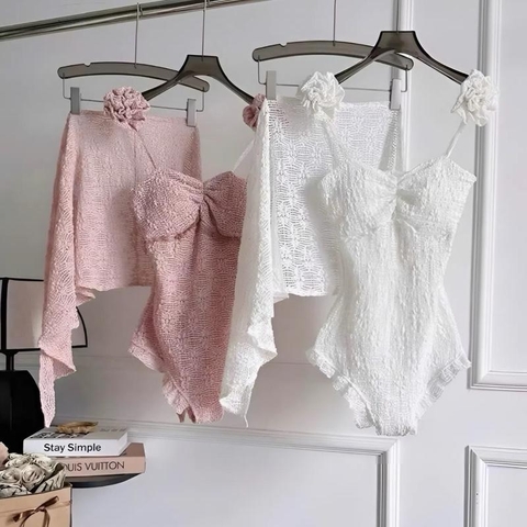 Sét bikini ren hoa jumpsuit đính hoa kèm khăn choàng thiết kế độc đáo phong cách thời trang nổi bật lý tưởng cho biển hồ bơi