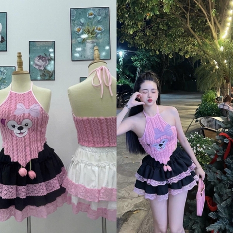 Bộ đồ nữ  tầng phối ren áo yếm lông in gấu - Women, Top Sen Nhung Hoa Sen Viền Ren chân váy lụa