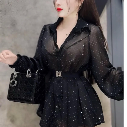 Áo sơ mi voan đá sáng rộng kèm dây đai Nữ Women Voi Top Kem