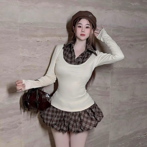 Sét đồ nữ thu đông phong cách học đường quần caro dáng bí phối áo thun borip