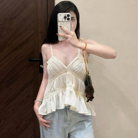 [Áo Lẻ] HUM FASHION Áo Tank Top Nữ Thiết Kế  xếp tầng phối ren bèo nhún dáng đuôi tôm Phong Cách Thời Trang Hiện Đại