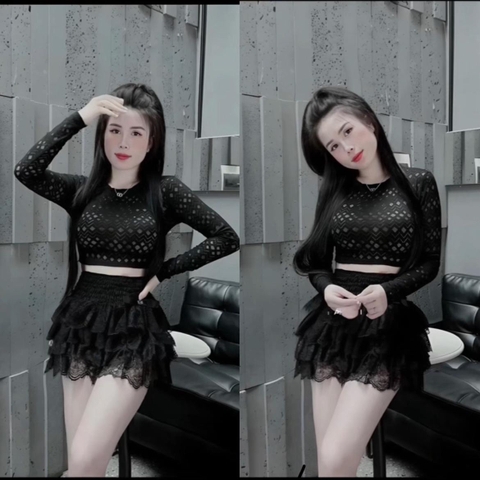Bộ Ren Váy Tầng Nữ Kèm Áo Ong Tầy Dài - mẫu mới set thường Kem Nhung Voi Women đồ