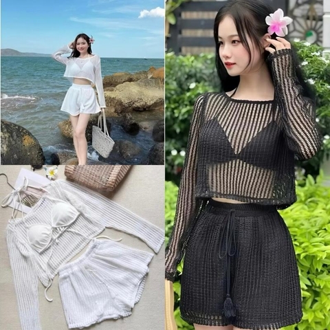 Bộ đồ nữ 3 món áo croptop tay dài quần short 2 lớp kèm áo bra