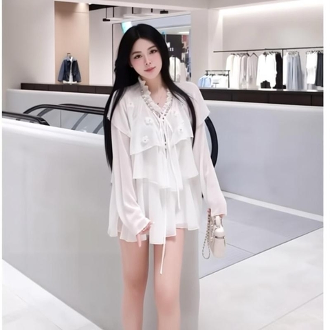 Áo Bèo Tơ Tầng Đính Hoa Tay Dài Cổ Đính Đá Hoa Hồng Phong Cách Sang Trọng Cho Nữ
