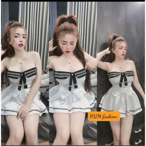 Sét bộ nữ tiểu thư chân váy phối viền áo cúp ngực có dây vai