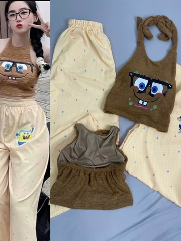 Sét đồ nữ họa tiết bọt biển áo yếm lông quần ống rộng thời trang