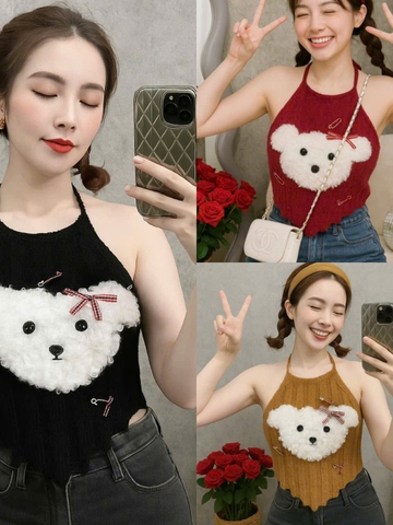 Áo yếm lông nữ hotrend trang trí gấu xinh kèm kim băng màu