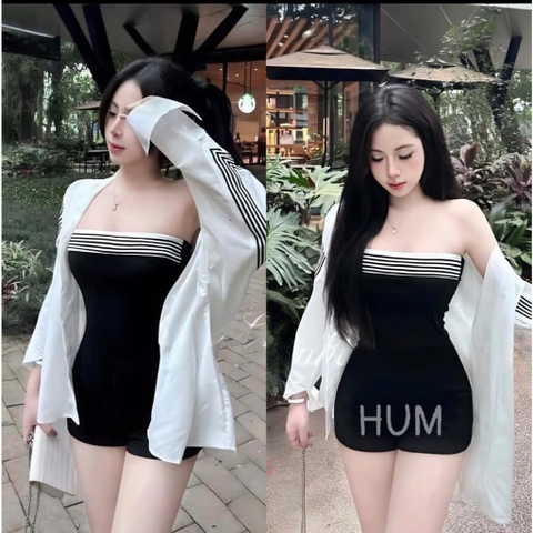 Sét 2 món váy cúp ngực viền kẻ kèm áo khoác bên ngoài sang chảnh năng động