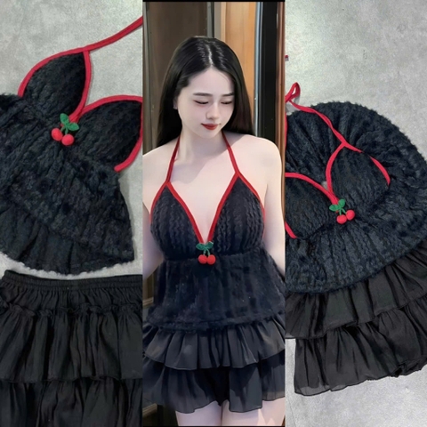 Sét đồ nữ áo yếm lông trang trí cherry chân váy tơ tầng - Hàng mới về - Women, Dress Top