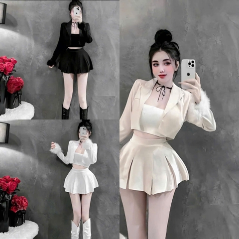 Sét bộ vest 3 món áo tay dài phối lông tay chân váy xếp li kèm áo ống nữ