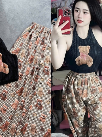 Sét đồ nữ áo yếm lông in gấu quần ống suông rộng họa tiết gấu