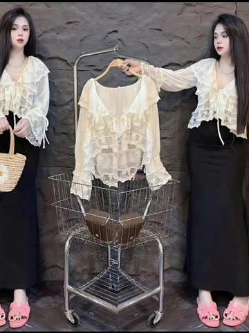Áo nữ hotrend babydoll bèo cổ tay dài phối ren kem xinh xắn