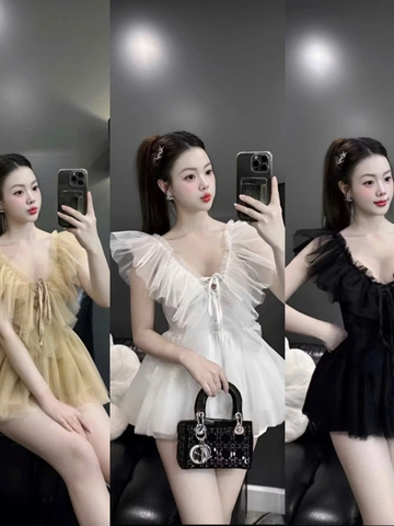 Áo kiểu nữ hotrend cổ chữ V bèo lưới bồng bềnh