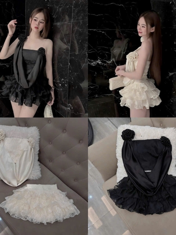 Sét Bộ Ren Nữ Hotrend Váy Tầng Áo Cổ Đổ Phối Satin Đính Hoa Hồng Chất Liệu Mềm Mại Sang Trọng Hoạ Tiết Bông Hoa Trên Ren