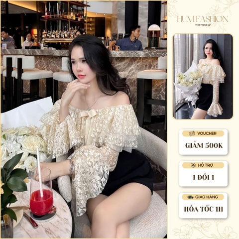 Set áo ren kem trễ vai bánh bèo đính nơ phối quần short ngắn sang chảnh