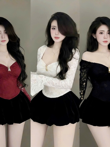 Sét đồ nữ thiết kế quần bí áo cúp ren tay dài ống loe trang trí khoen phụ kiện - Nữ
