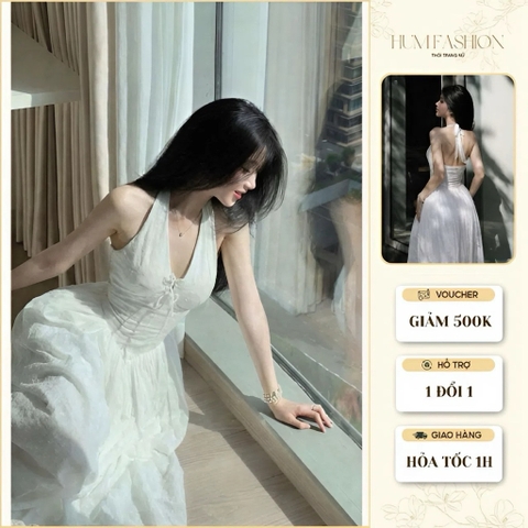 Váy cổ yếm thắt nơ dáng dài, váy tiểu thư công chúa đi biển đi chơi