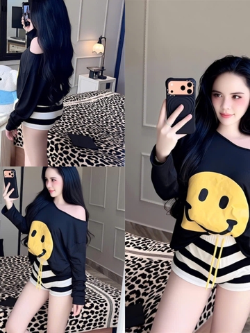 Sét đồ nữ hotrend áo thun cotton mặt cười tay dài lêch vai mix quần short sọc thời trang hiện đại