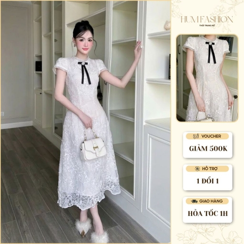 Đầm váy tơ ren đính cổ ngọc chiết eo dáng dài, váy thiết kế ren vai tiểu thư sang chảnh