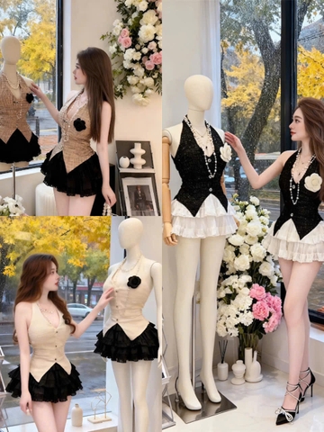 Sét đồ nữ hotrend áo yếm dạ đính hoa trà mix chân váy tơ tầng thời trang cho phong cách nữ tính và sang trọng