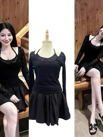 Sét đồ nữ hotrend áo ren cổ yếm tay dài chân váy dáng xoè