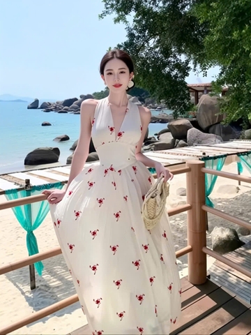 Đầm maxi đi biển thiết kế cổ yếm dài dáng xòe, đầm dạo phốt chất tơ hoa