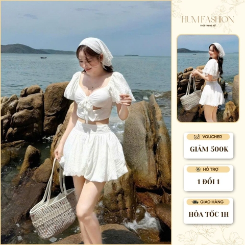 Set bộ nữ Đi Biển thiết kế tay bèo phồng nhún ngực , đồ đi chơi, du lịch hè xinh xắn
