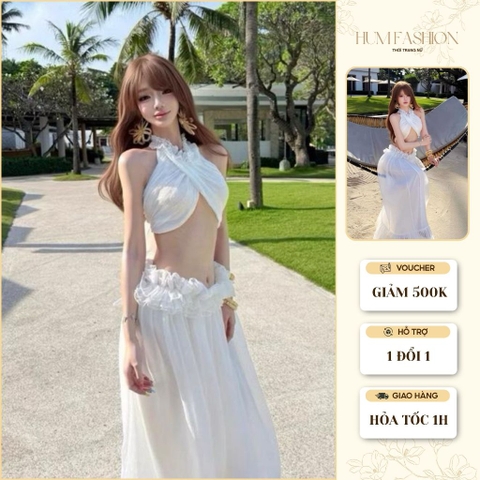 Set áo yếm hở lưng đi biển nàng thơ sang chảnh, thiết kế nhún bèo xinh xắn