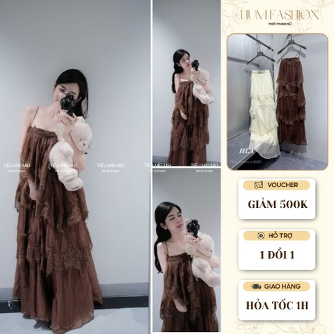 Váy maxi 2 dây nhiều tầng, đầm maxi đi biển dáng dài phối ren tiểu thư mùa hè Hum Fashion