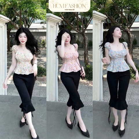 Set bộ áo hoa nhí tay bồng, set bộ quần lửng ống loe phối áo peplum hoa nhí Hum Fashion