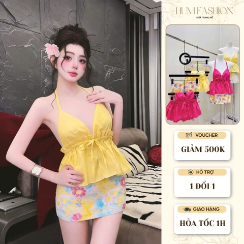 Set áo 2 dây phối chân váy hoa, set bộ áo yếm hở lưng kèm chân váy ngắn đi biển Hum Fashion