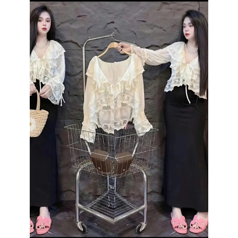 Áo babydoll nữ hot trend hè 2026, áo bèo cổ tay dài phối ren xinh xắn