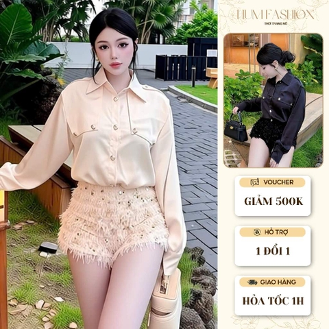 Set áo sơ mi kèm quần đùi, set bộ sơ mi peplum ngắn tay kèm quần short ống rộng Hum Fashion