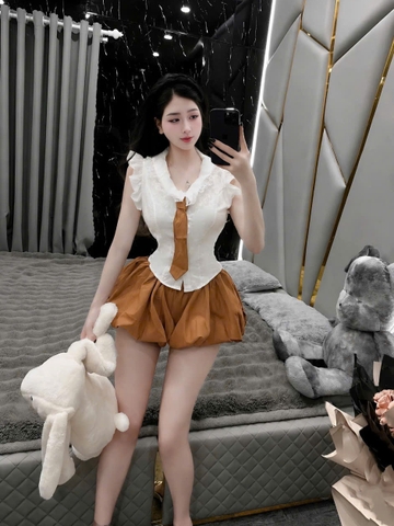 Sét đồ nữ áo sơ mi tiểu thư cổ bèo phối ren cà vạt mix quần bí bồng bềnh phong cách thời trang