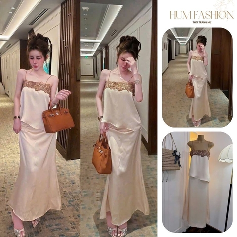 Set áo 2 dây phối ren kèm chân váy lụa, set bộ áo hai dây tơ bèo chân váy lụa dài đi biển sang chảnh Hum Fashion