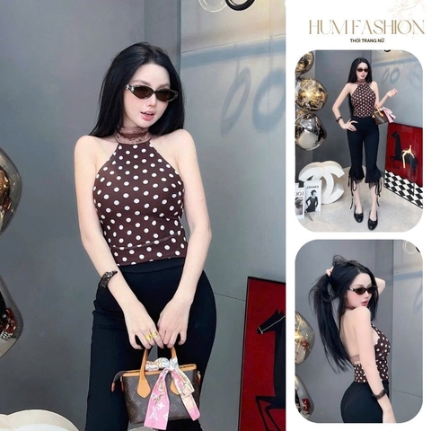 Set áo yếm chấm bi quần lửng, set bộ áo cổ yếm ôm body kèm quần lửng ống loe Hum Fashion