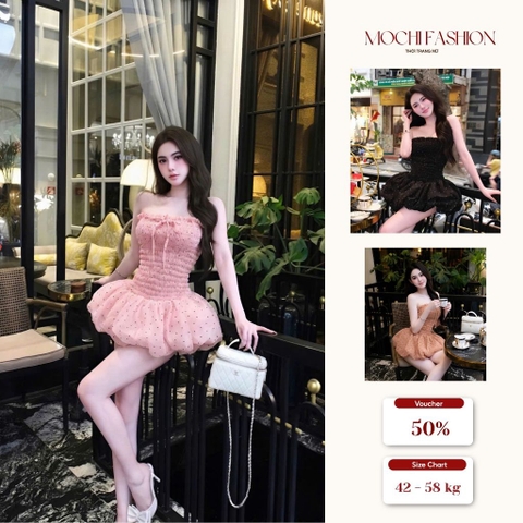 Váy nữ chất tơ nến nhún thun eo hoạ tiết chấm bi, đầm dáng ngắn bồng xoè tôn dáng sang chảnh