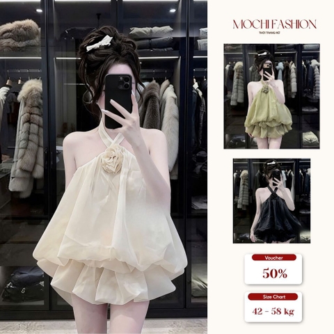 Váy Yếm Nữ Phối Hoa Ngực Chất Tơ Ánh Kim Cao Cấp, Đầm Dự Tiệc Sang Chảnh Có Mút Ngực Tôn Dáng