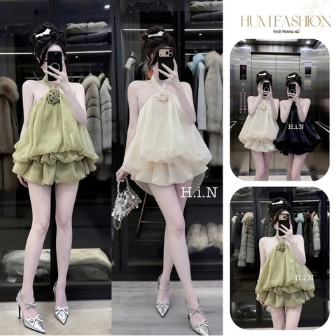 Set yếm bí ngô đính hoa hồng, set bộ cổ yếm dáng váy bí bồng bềnh tiểu thư sang chảnh Hum Fashion