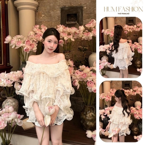 Áo ren trễ vai tay dài xếp tầng, áo kiểu ren trễ vai nhún bèo tầng bồng bềnh tiểu thư Hum Fashion