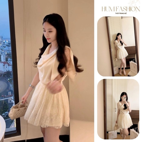 Set áo lụa sát nách kèm chân váy ren, set áo kiểu kèm chân váy ngắn xếp ly xòe bồng tiểu thư Hum Fashion