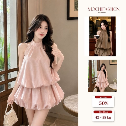 Set váy cổ yếm bèo tầng phối chân váy bí tiểu thư, váy đi chơi siêu xinh tôn dáng