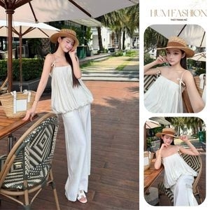 Set áo 2 dây dáng bí kèm quần dài, set bộ áo hai dây hở nơ lưng bồng bềnh phối quần suông Hum Fashion