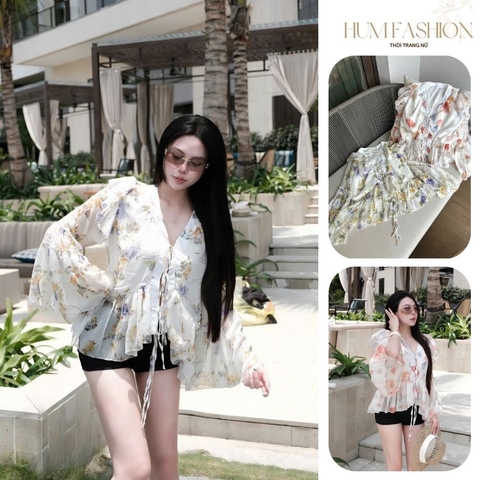 Áo voan bèo rộng cánh tiên tay loe, áo kiểu voan tơ nhún bèo tầng xòe rộng dáng tiểu thư Hum Fashion