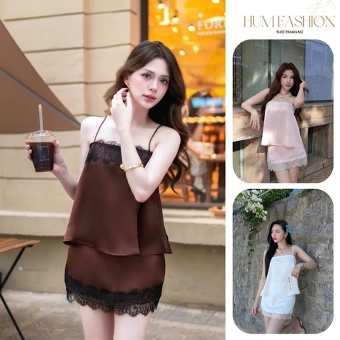 Set lụa 2 dây, set áo hai dây kèm chân váy lụa phối ren đi chơi đi du lịch Hum fashion