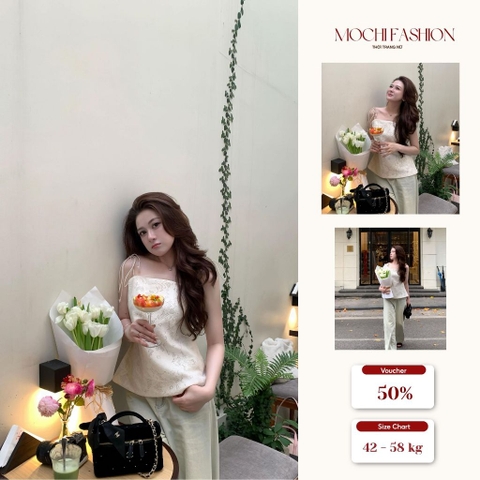 Áo nữ 2 dây buộc nơ vai phối ren nổi, áo dáng suông nhẹ phong cách Hàn Quốc