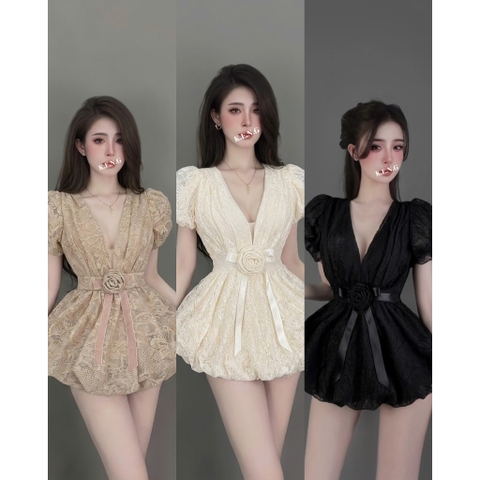 Đầm hoa cổ V thắt hoa eo dáng bồng hottrend, váy cổ V sâu phối ren hoa nổi đính bông eo sang chảnh Hum Fashion
