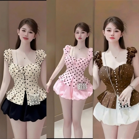 Set áo babydoll cánh tiên kèm chân váy bí, set áo chấm bi cúp ngực xinh đi chơi dễ thương Hum Fashion