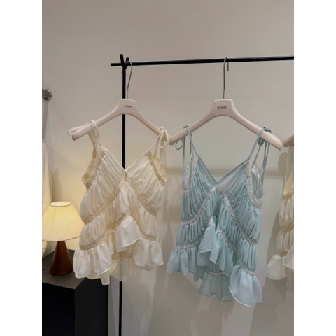 Áo 2 dây nhún phối ren cổ V, 2 dây mảnh xếp tầng bèo nhún dáng đuôi tôm xinh xắn Hum Fashion