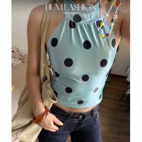 Áo sát nách chấm bi xanh ngọc buộc dây cổ, áo yếm lụa bóng họa tiết chấm bi sang chảnh Hum Fashion